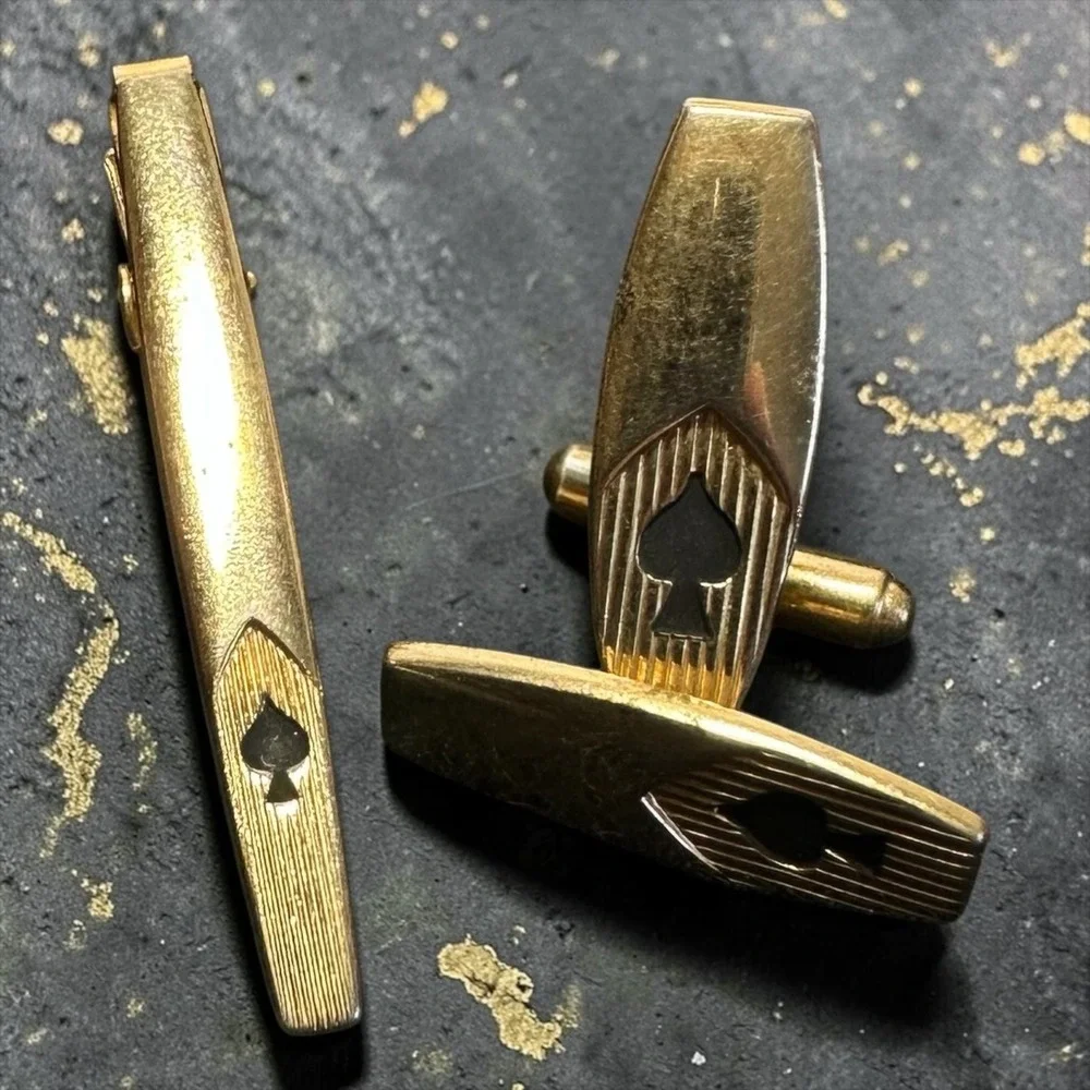 Vintage Anson Spade Tie Clip Cufflinks Set Gold Tone Mid Century‎ Mens